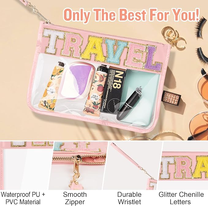 Chenille Letter Clear Travel Bags Purse Pouch, Monogram PVC & PU Clear Zipper Pouch with Wristlet, Waterproof Portable Glitter Snacks Makeup Beach Pouch Toiletry Bag for Women Girls (TRAVEL-Beige)
