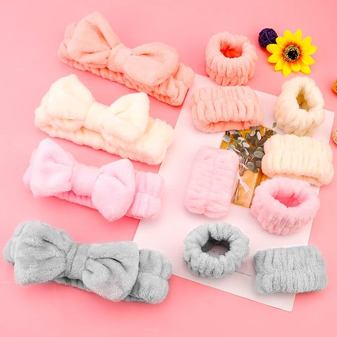 12PCS Microfiber Makeup Headbands and Wristbands Set for Women & Girls - Soft Elastic Bow Headbands with Highly Absorbent Wristbands for Face Washing, Shower, Skincare & Gifts