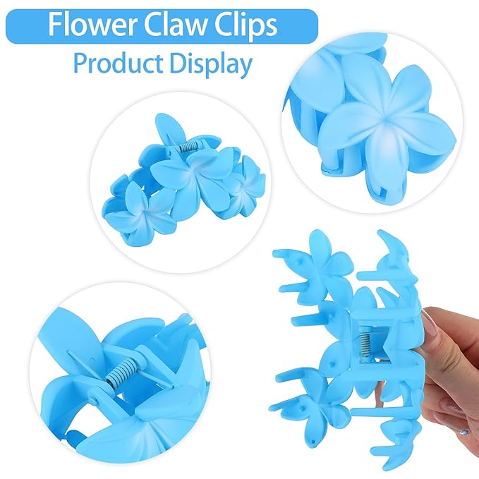ANBALA 4PCS Flower Hair Clips Plumeria Hawaiian Claw Clips for Thick Hair Non-Slip Strong Hold Beach Accessories for Women Girls (Blue)