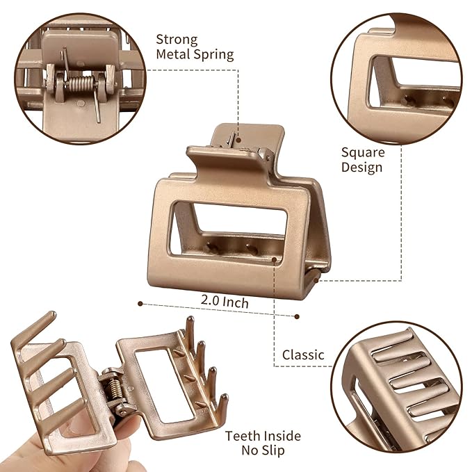 2 Inch Medium Hair Claw Clips 12 Pcs Square Hair Claw Clips for Thin Hair Matte Nonslip Acrylic Banana Jaw Clips Bulk Hair Accessories for women and Girls (Gold)