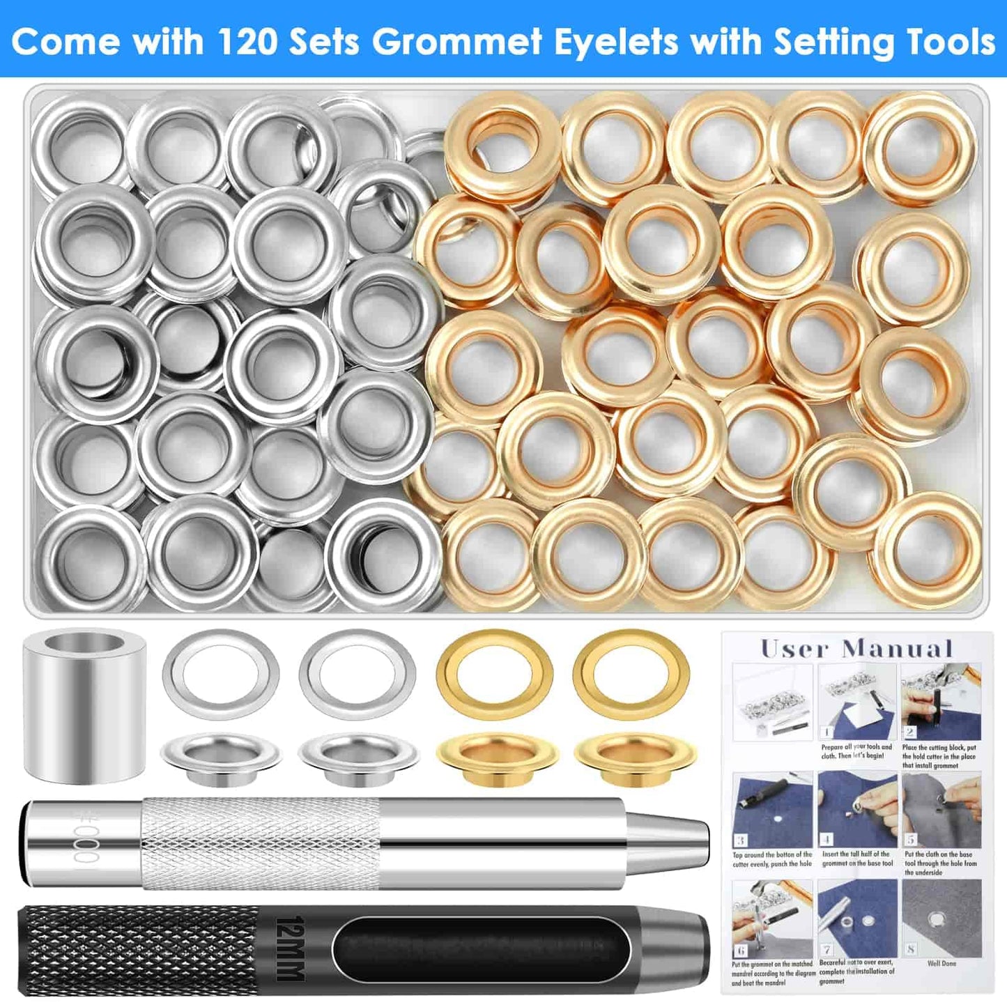 120 Sets Grommet Tool Kit 1/2 Inch, Cridoz Grommet Eyelets Kit with Setting Tools and Storage Box for Fabric, Tarps, Curtains