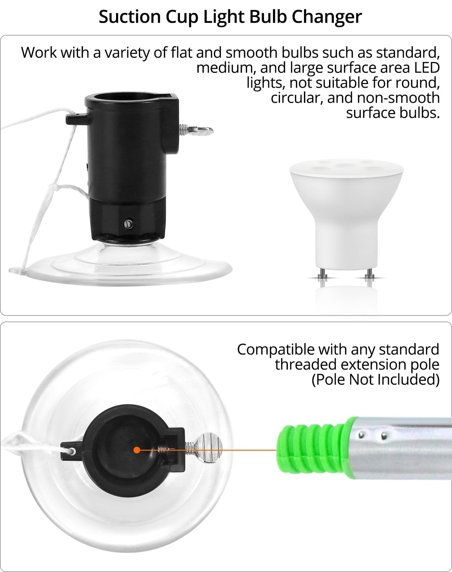 QWORK Professional Light Bulb Changer Kit - 3 Piece Set - Extension Pole Compatible, for High Ceiling Incandescent Bulbs with Standard, Floodlight & Recessed Changer