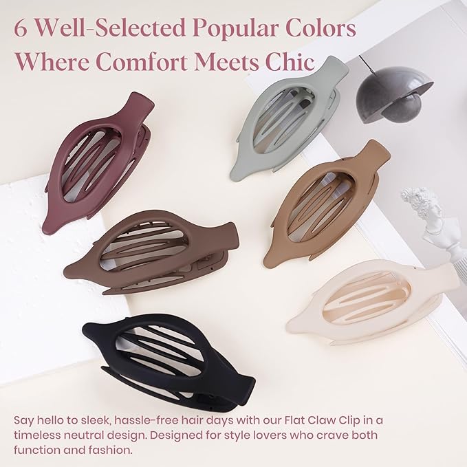 6 PCS Large Flat Hair Clips for Women, French Concord Lay Down Flat Claw Clips for Thick Thin Hair, Comfortable Curved Flat Hair Clip, Matte Non-slip Strong Hold Hair Accessories, Chic Colors