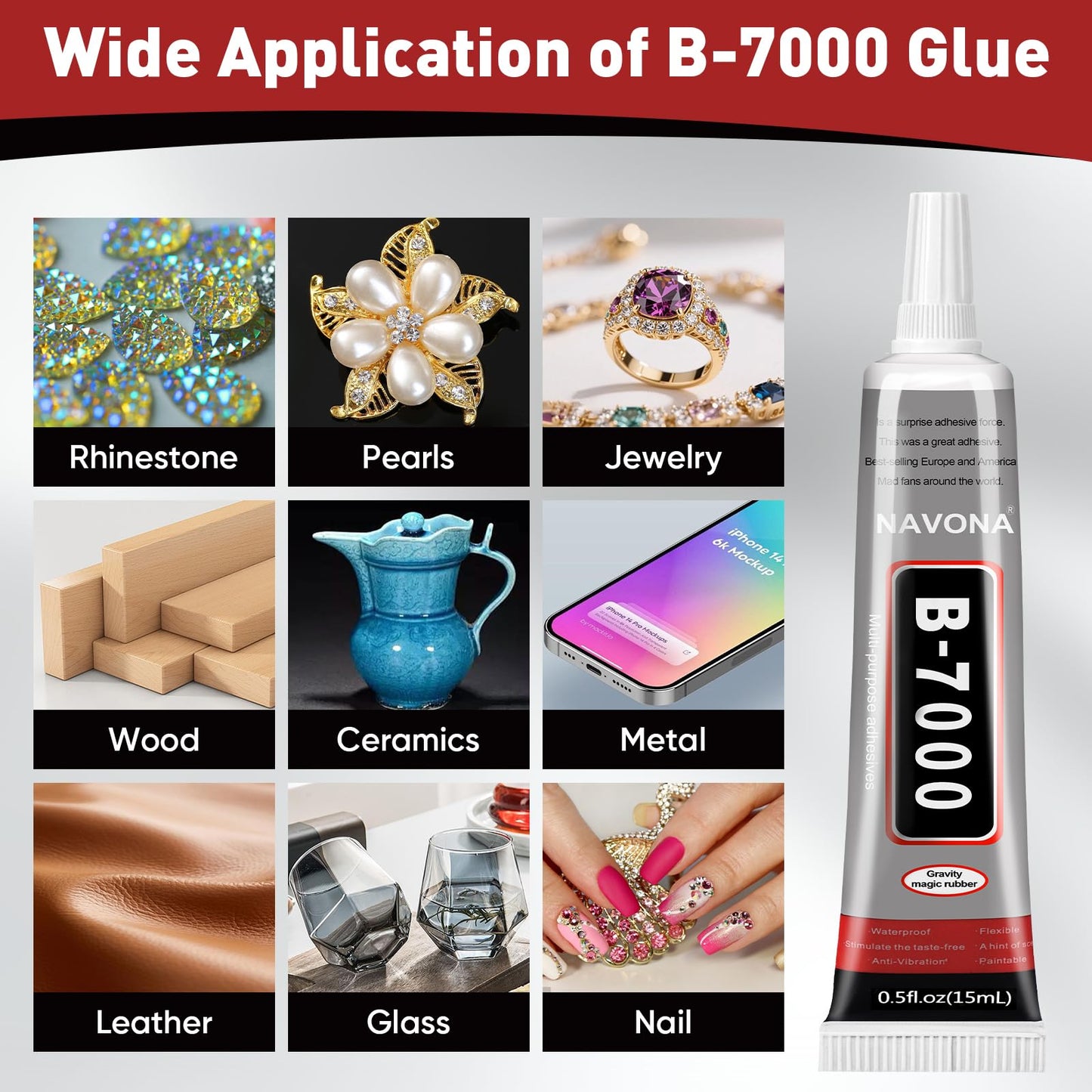50 PCS 15ml B7000 Glue Clear with Precision Tip, Bedazzling Glue, Super Glues, Rhinestone Glue for Nail, Craft Glues, Jewelry Making, Nail Art, DIY, Makeup, Shoes
