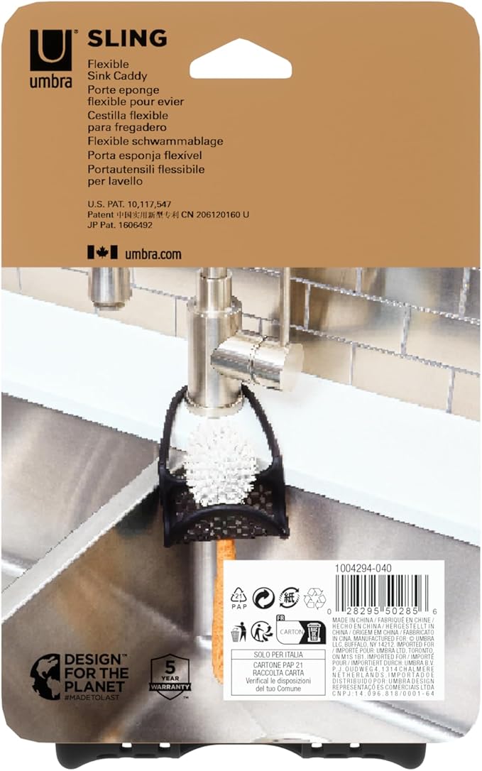 Umbra Sling Kitchen Sink Caddy Sponge Holder, Hangs Over Faucet or Divider, Single, Black