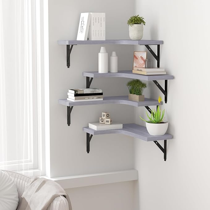 ROMGUAR CRAFT Corner Floating Shelves Wall Mounted Set of 4, Rustic Wood Storage Display Shelves for Home Decor, Bathroom, Kitchen, Bedroom, Living Room, Office (Light Grey)