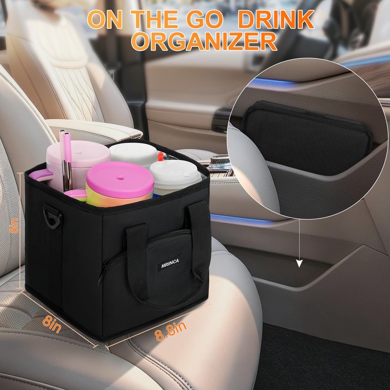 MRINCA Reusable Drink Carrier with Handle – Insulated, Collapsible 4-Cup Beverage Bag with No-Spill Base, Adjustable Dividers & Shoulder Strap, Portable Caddy for Delivery, Car and Travel, Black