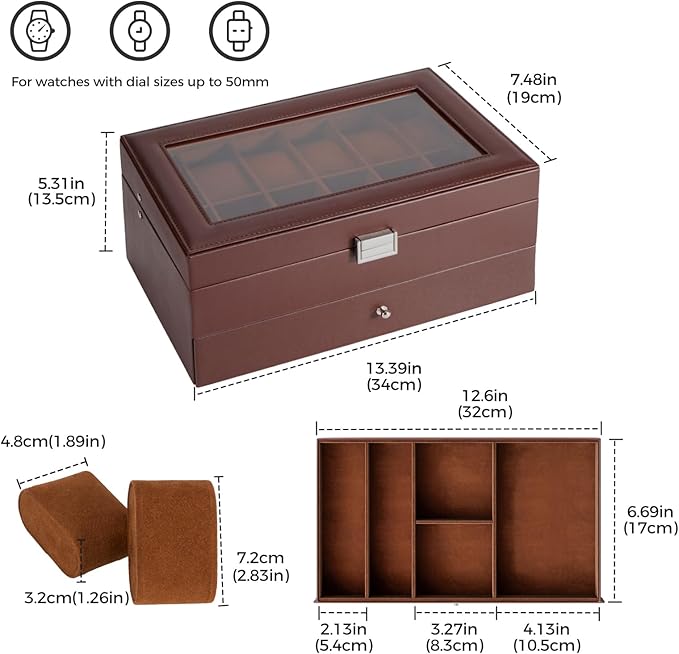 ProCase Watch Box, 12 Slot Mens Watch Case With Drawer, 2-Layer Watch Display Case With Glass Lid, Mens Jewelry Box Storage Holder Organizer, Birthday Valentine Gifts for Men -12Slot, Espresso