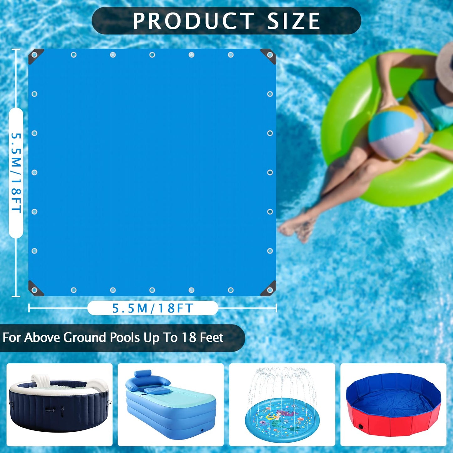 UJG 18 x 18 Ft Swimming Pool Ground Cloth Square Swimming Pool Liner Pad for Above Ground Swimming Pools Heavy Duty Pool Ground Mat Protector Pad Prevents Punctures Pool Tarp, Blue