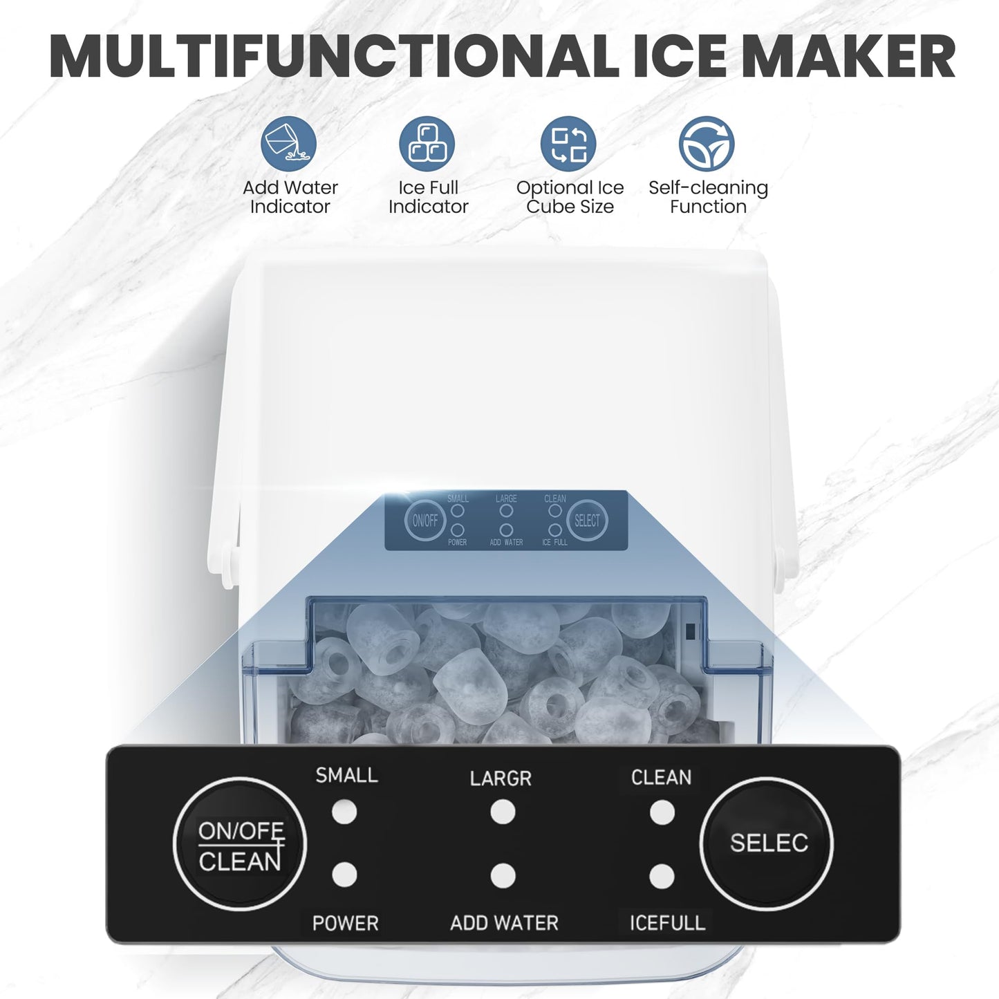 DUMOS Countertop Ice Maker with Handle, 26lbs/24H Portable Ice Machine, 9 Bullet Ice Cubes Ready in 6 Mins, Self-Cleaning, Quiet Compact Ice Maker for Home, Kitchen, RV, Camping, White