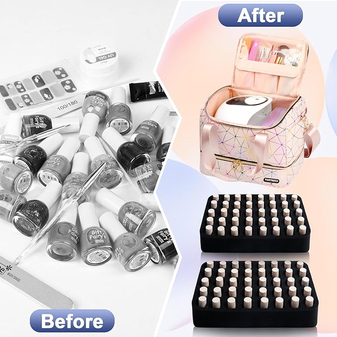 Nail Polish Organizer Holds 80 Bottles (15ml/0.5 fl.oz)& Nail Lamp, PU Leather Nail Organizers and Storage Bag with Shoulder Strap, Portable Nail Supplies Kit Organizer Carrying Case (Pink)