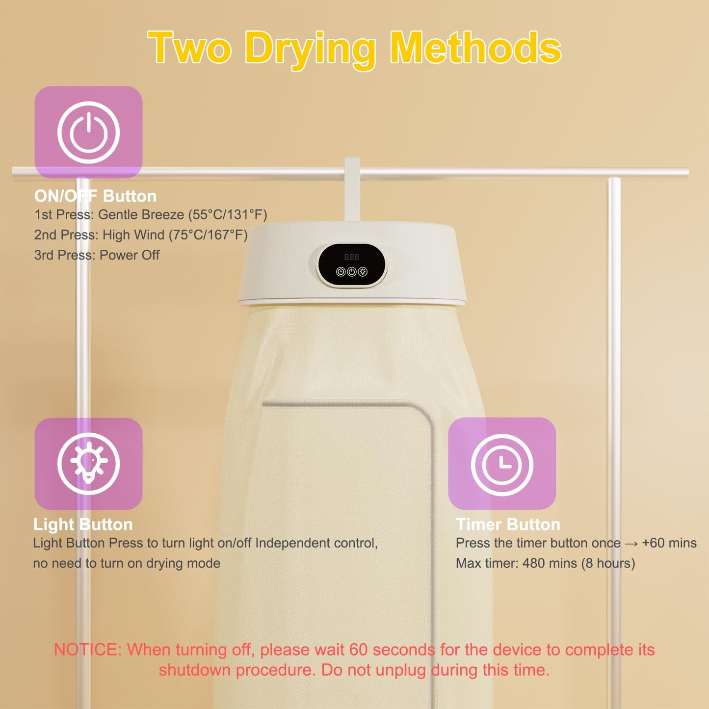 Fieldspark Portable Clothes Dryer, 2-in-1 Hanging & Desktop Drying Machine with Remote, 8H Timer, Foldable Compact Low Noise Fast-Drying Electric Dryer for Travel, Apartment, RV, Dorm, White