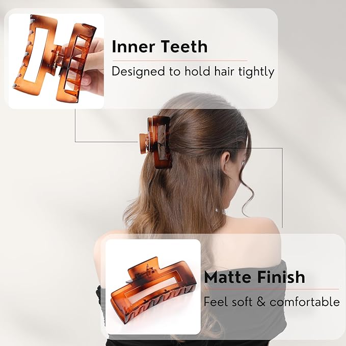 12 Pcs Large Square Hair Claw Clips for Women, 4.3-Inch Matte Rectangle Claw, Strong Hold Non-slip Hair Clips for Thick & Thin Hair,Mixed Color for Gifting, Work, and Daily Styling