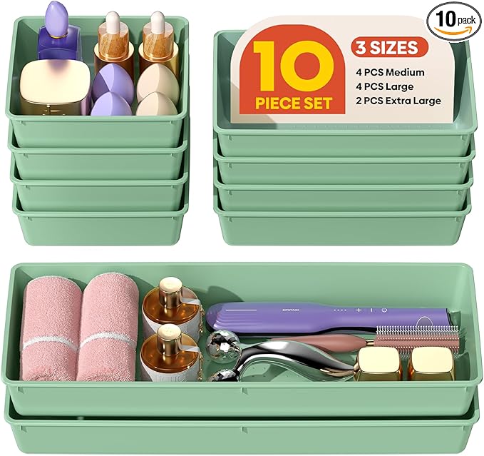 10 Pack Large Size Plastic Drawer Organizers Set, 3 Sizes Desk Drawer Organizer Trays, Storage Bins for Vanity, Makeup, Bathroom, Kitchen Utensils and Office (Green)