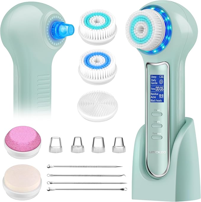 UMICKOO Face Scrubber Exfoliator,Facial Cleansing Brush Waterproof with LCD Screen,Blackhead Remover Vacuum with 5 Brush Heads,Face Spin Brush for Exfoliating (Green)