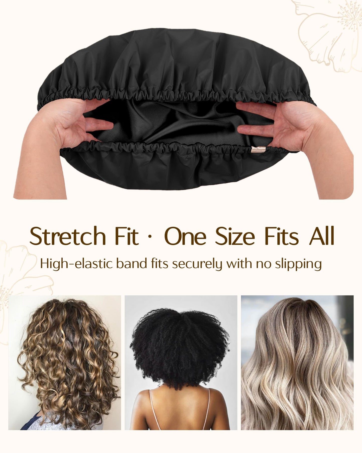 Yanibest Satin Lined Shower Cap for Women Reusable Waterproof, Frizz Free & Large Bath Cap with Soft Elastic Band, Luxury Hair Protection Caps (Black)
