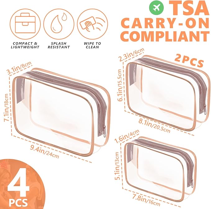 AURUZA Clear Makeup Bag,Portable Travel Toiletry Bags with Zipper, TSA Approved Clear Organizer Bags, PVC Cosmetic Pouch for Airport Airline Compliant
