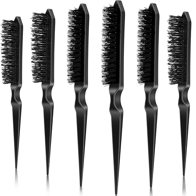 Yaomiao 6 Pcs Teasing Brush for Fine Hair Nylon Rat Tail Brush Set Women Three Row Salon Teasing Set for Back Combing, Root Hair Scalp Massage(Black)