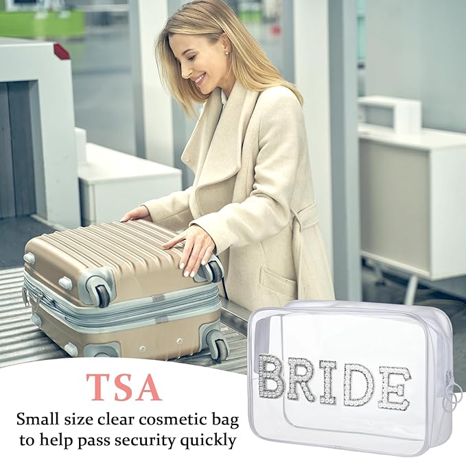 Etercycle Bride Clear Makeup Bag, Bridal Shower Gifts Engagement Cosmetic Bag, Bling Pearl Rhinestone Letter Patches Waterproof PVC Travel Organizer for Women Wedding Bachelorette Party(Silver)