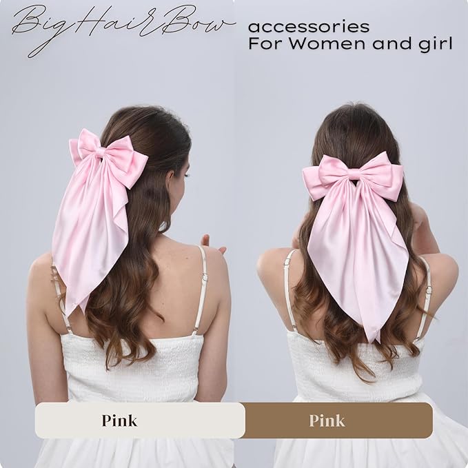 2PCS Big Hair Bow Clips for Women Girls Ã¢ÂÂ Pink Satin Ribbon Bow Barrettes with Long Tails, Large Cute Hair Accessories for Ponytail, Photoshoot & Everyday Styling