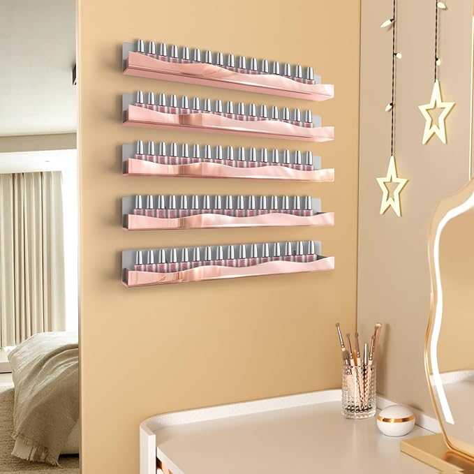 Wall-Mounted Nail Polish Organizer Rack - 15-Inch Rose Gold Mirror Finish Nail Polish Shelf, Makeup & Beauty Essentials Storage - Multi-Purpose Display Holder for Small Space, Vanity Bathroom, 6 Pack