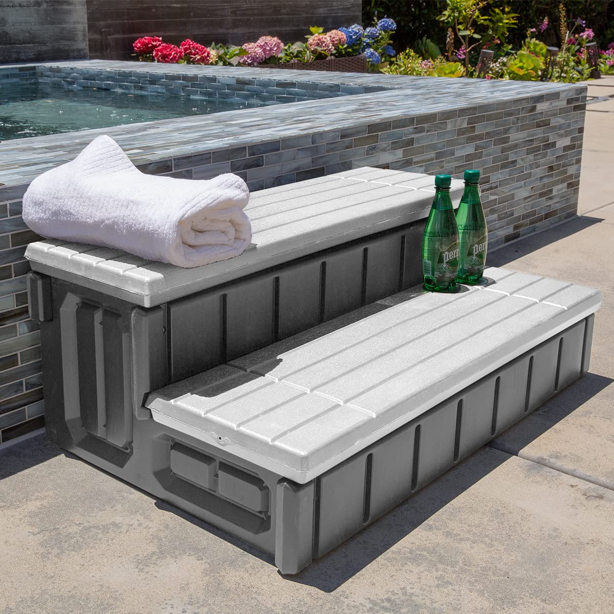 XtremepowerUS Universal Heavy Duty 2-Step Spa & Hot Tub Step Porch Steps with Large Storage Compartment Non-Slip Resistant Step Stairs 36" Inches Long Stool Pool Ladder, Grey