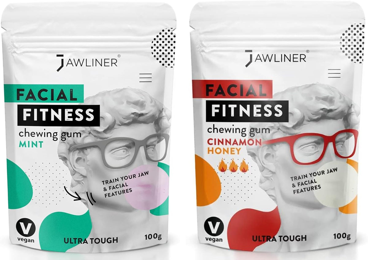 Jawliner Fitness Chewing Gum 15X Harder Jawline Gum Sugar Free Mint and Cinnamon Honey Jaw Gum Includes 12 Weeks Coaching - Jawline Exerciser for Mewing & Shaping the Jaw (4 Months Pack of 2 Flavor)