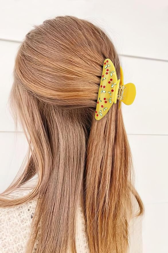 LILIE&WHITE Yellow Acrylic Hair Clips For Women Cherry Hair Clip Claw With The Rhinestone Pattern In Red Cherry Strong Hair Fix Hair Clips Jewelry Fashion Present For Women Hair Accessory