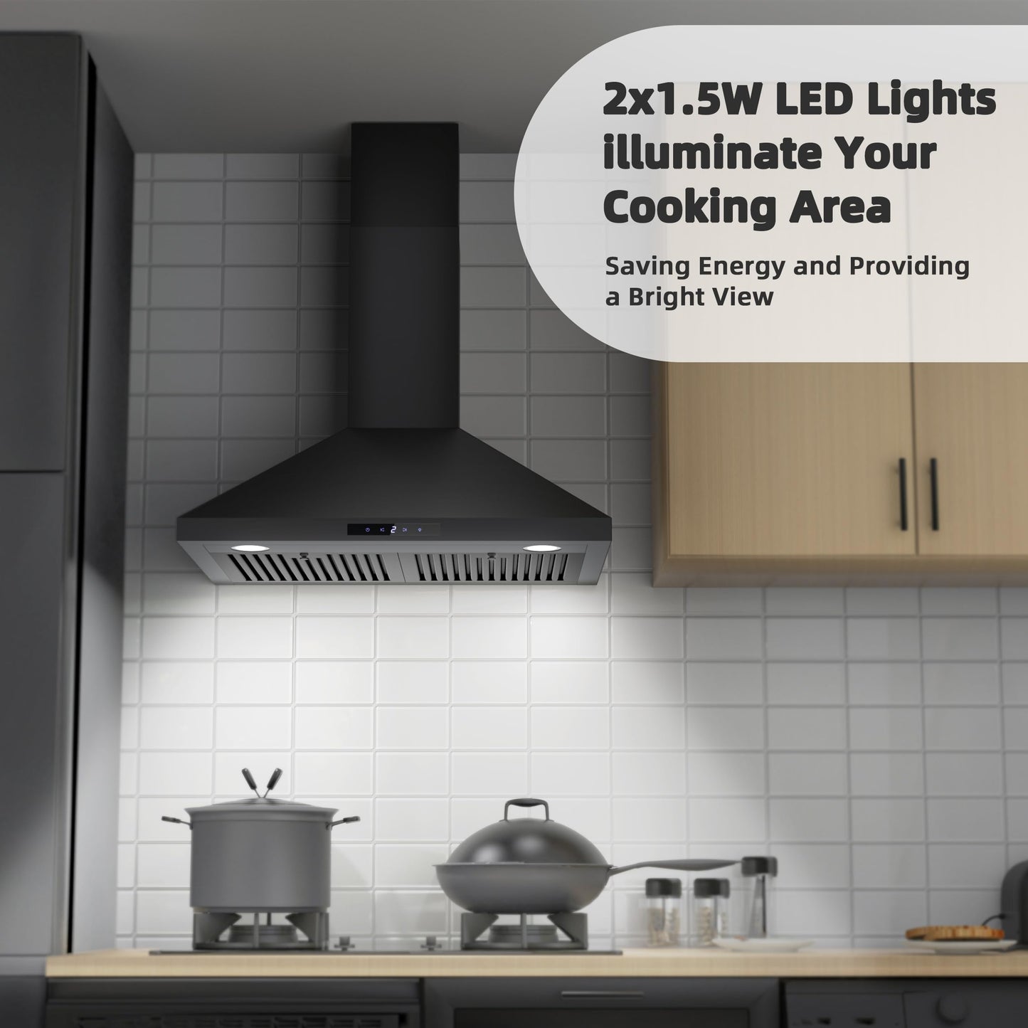 FIREGAS Black Range Hood 30 inch, Convertible Wall Mount Range Hood with Brushless Motor, 450 CFM, 9 Speed Fan, Soft Touch Controls, Permanent Filters, LED Lights, Charcoal Filter included
