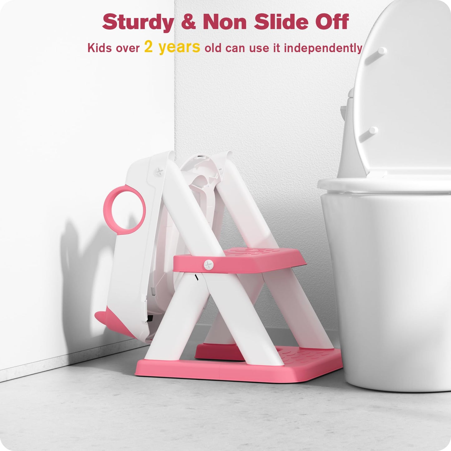Rabb 1st Potty Training Seat, Upgrade Toddler Toilet Seat for Kids Boys Girls, 2 in 1 Potty Training Toilet, Splash Guard Anti-Slip Pad Step Stool(Bright Pink)