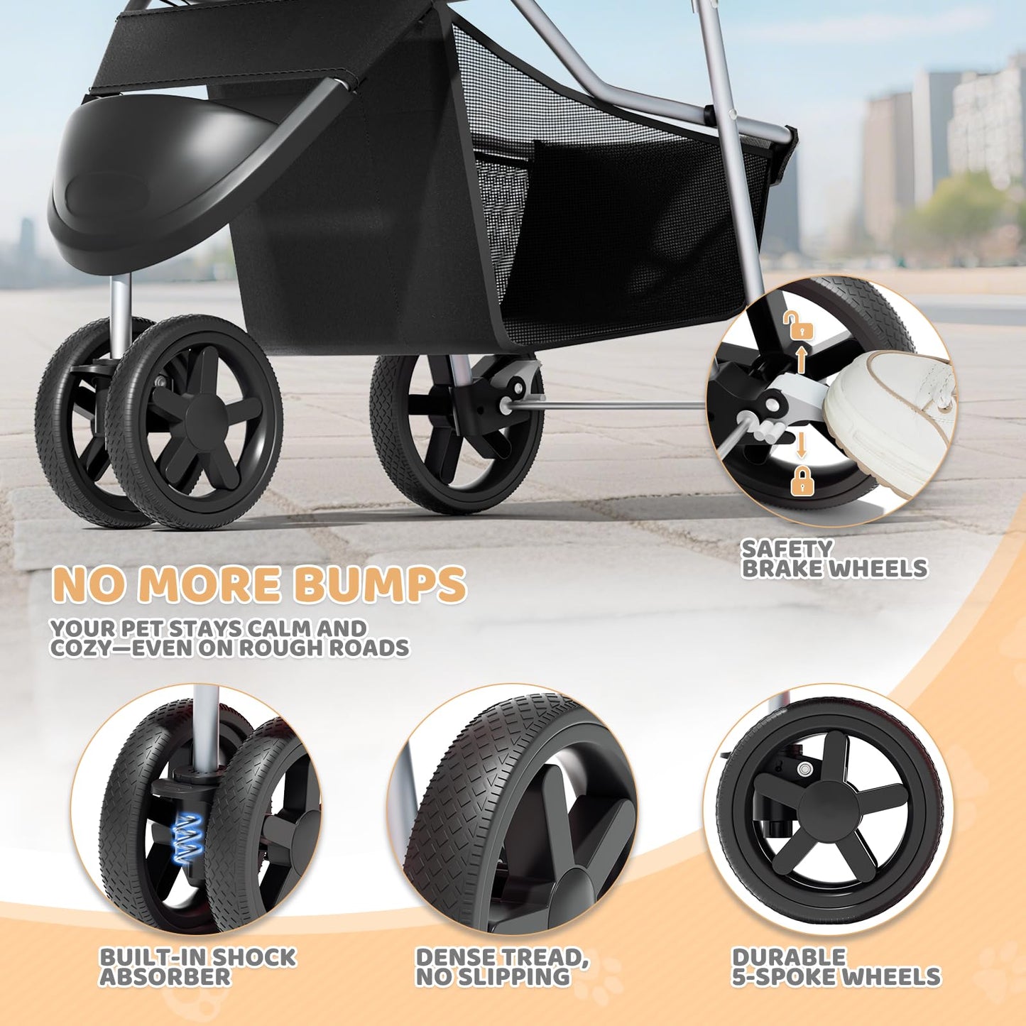 Magshion 3-Wheel Pet Stroller, Foldable Travel Jogger for Small & Medium Dogs & Cats (Up to 33lbs), Lightweight Carrier with Breathable Mesh Cover, Cup Holder & Storage Basket, Black