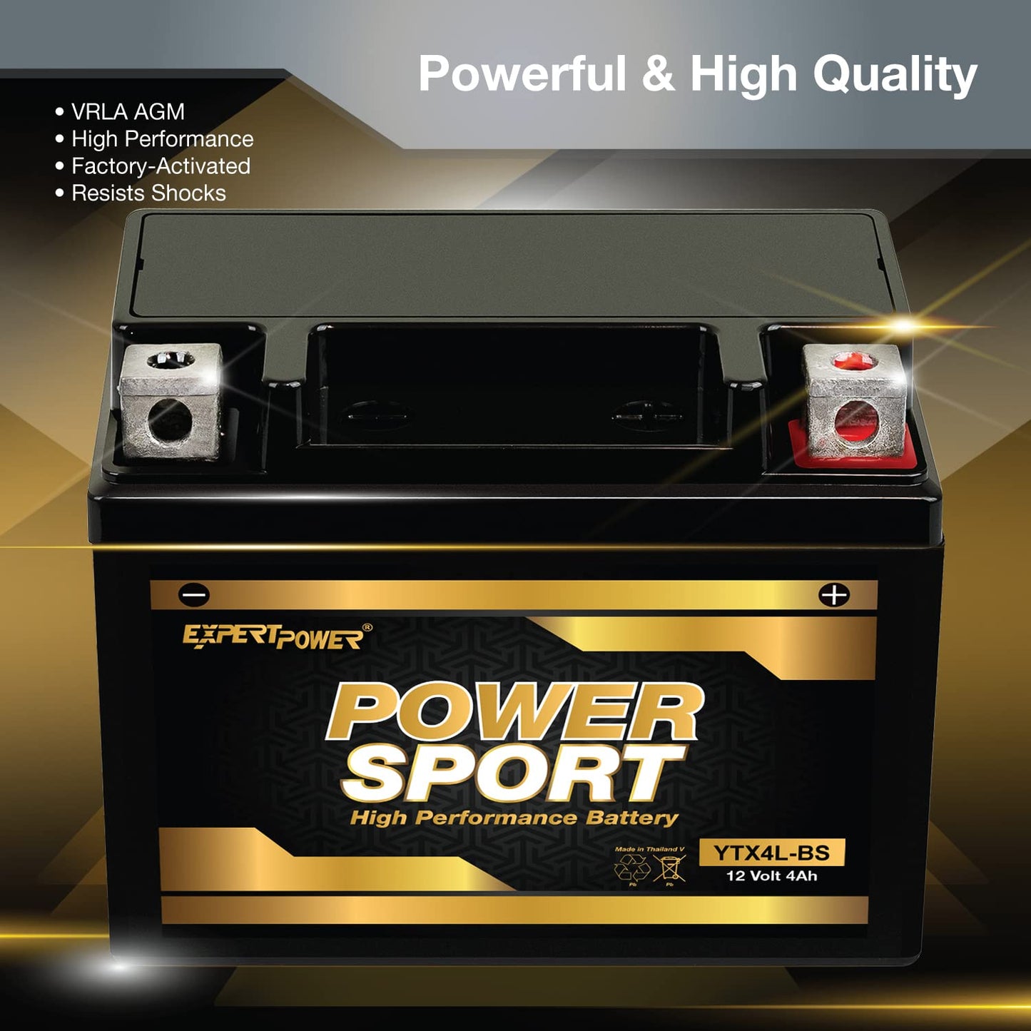 ExpertPower YTX4L-BS - AGM Motorcycle Battery 12V 4Ah for 50cc Scooter SA50 Elite LX, SB50, TTR125, 120 CCA ATV Battery for Mini Skyhawk, Scrambler, Sportsman, Powersports Batteries with N&B Terminals