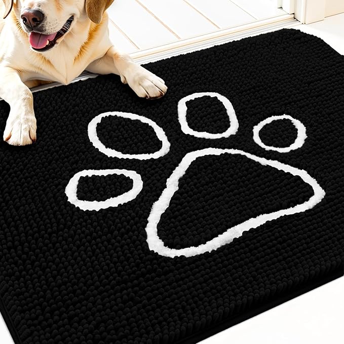 OLANLY Dog Door Mat for Muddy Paws 30x20, Paw Print Design, Absorbs Moisture and Dirt, Absorbent Non-Slip Washable Doormat, Quick Dry Chenille Mud Mat for Dogs, Entry Indoor Entryway Carpet, Black