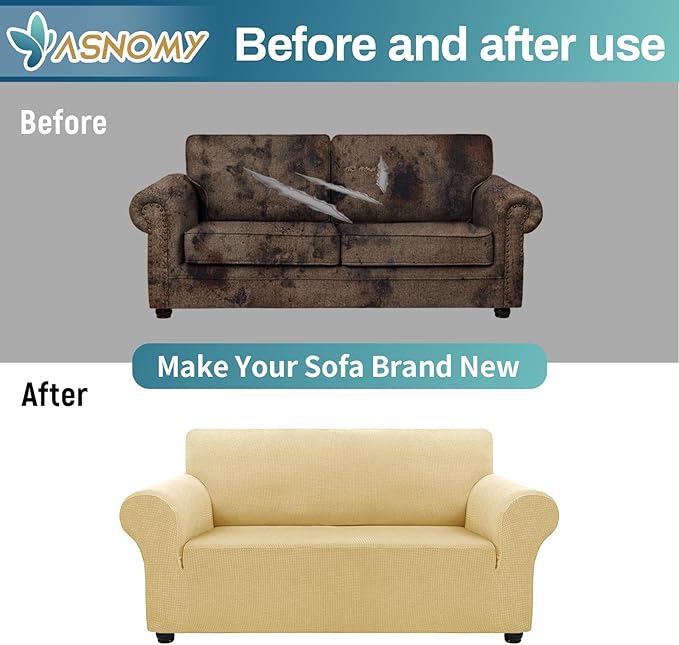 Asnomy Sofa Covers for 2 Cushion Couch Stretch loveseat Covers Slipcovers, Pet Protector Furniture Covers for Dogs Cats Spandex Jacquard Fabric Small Checks （Medium，Champagne）