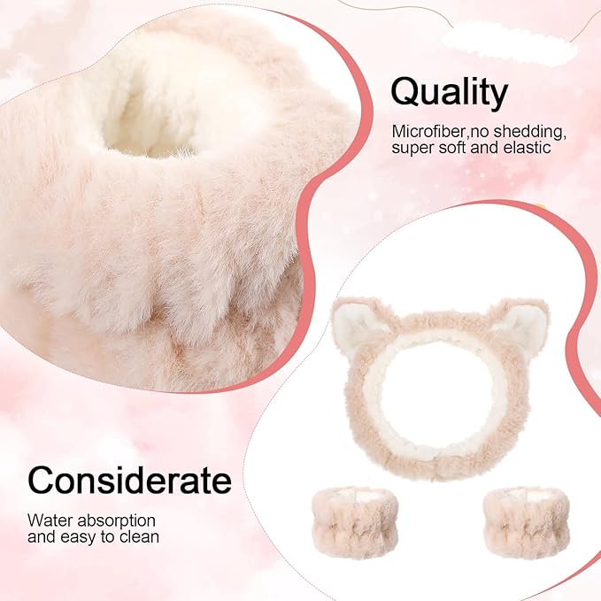 Headbands for Women, Elastic Spa Headband with 2pcs Wristband Set, Cute Plush Cat Ears Puffy Head Band Makeup Hair Band for Washing Face Skincare Yoga Facial Mask(Beige)