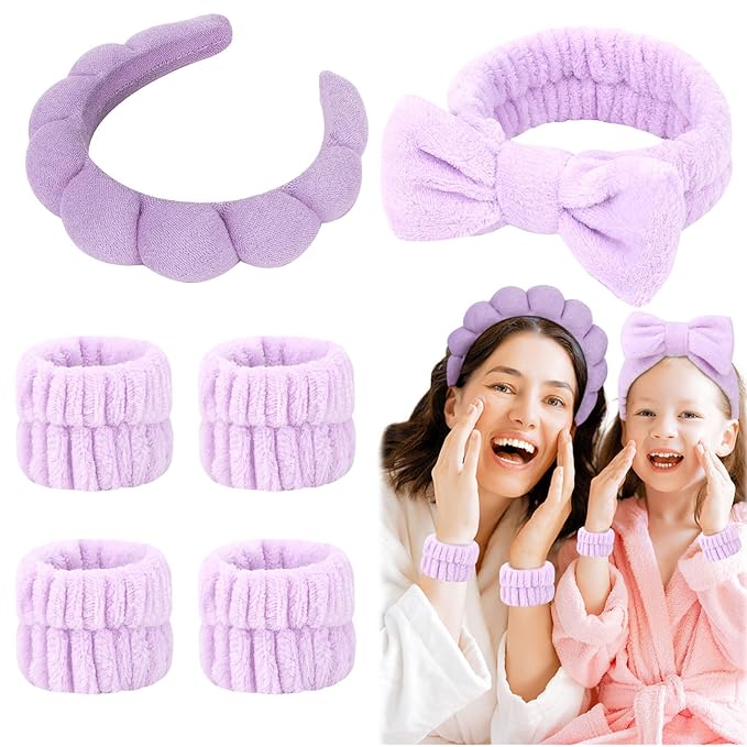 Puffy Terry Cloth Headbands & Wristbands - Sponge Makeup Removal Set for Skincare Routine and Shower