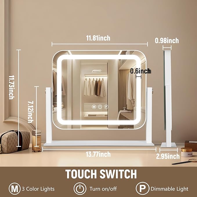 Vanity Mirror with Lights 14"×12", Led Makeup Mirror, Lighted Makeup Mirror with 3 Color Dimmable Lights, Smart Touch Screen Control, 360°Rotation