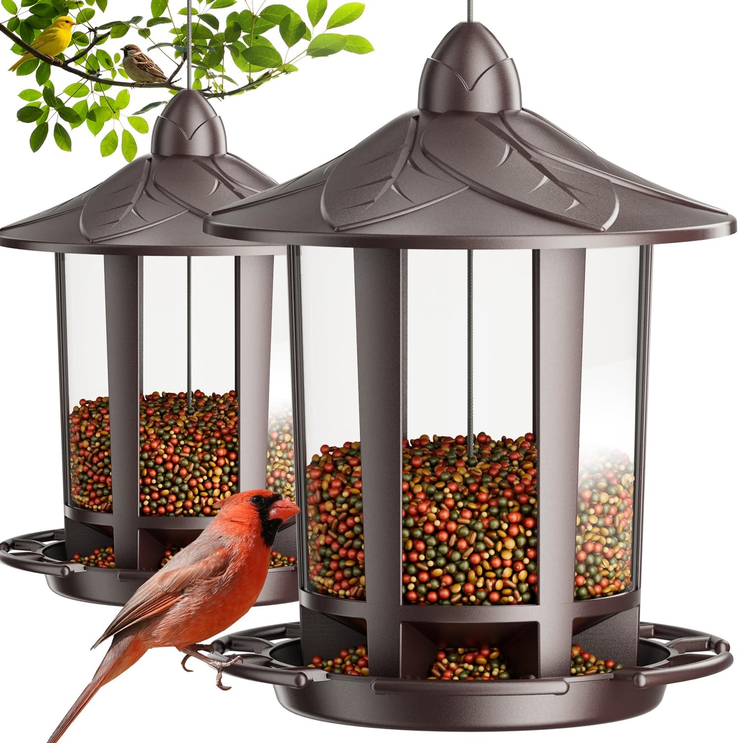 Birdream 2 Pack Bird Feeders for Outdoor Hanging, Assembly Required, 1-Min Easy Setup, Charming Castle Design, Attracting Cardinals Chickadees Goldfinches & Sparrows - Brown