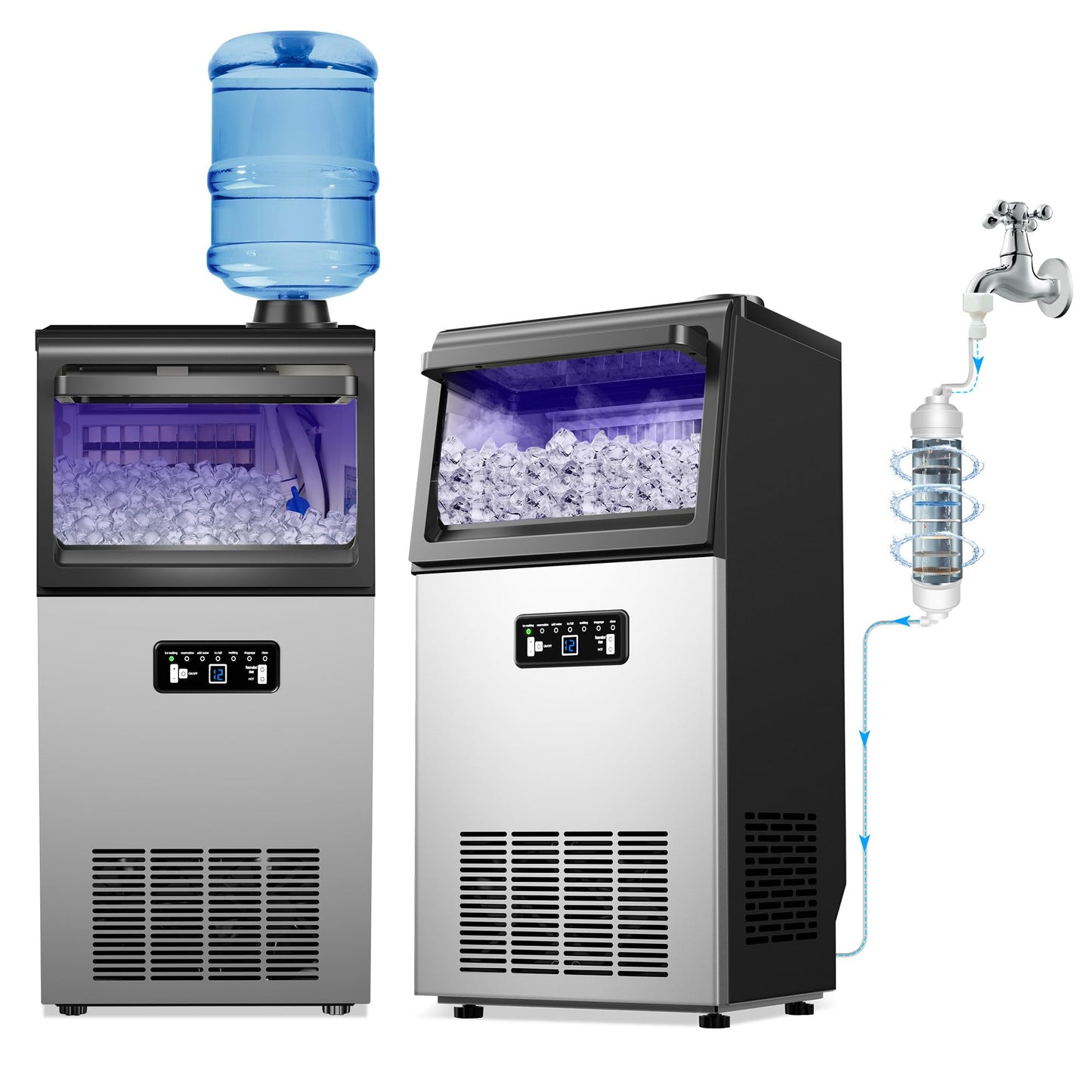 Commercial Ice Maker Machine 100LBS/24H, 36Ice Cubes/Cycle Stainless Steel Freestanding & Undercounter Ice Maker with 20LBS Storage, 2 Water Inlet Modes,Self-Cleaning for Homes,Bars,Restaurants
