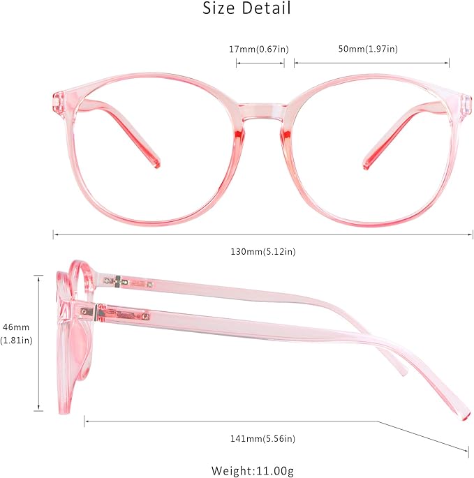 LifeArt Round Blue Light Blocking Glasses, Computer Glasses, Gaming Glasses, TV Glasses for Women Men (Clear Pink, 0.50 Magnification)
