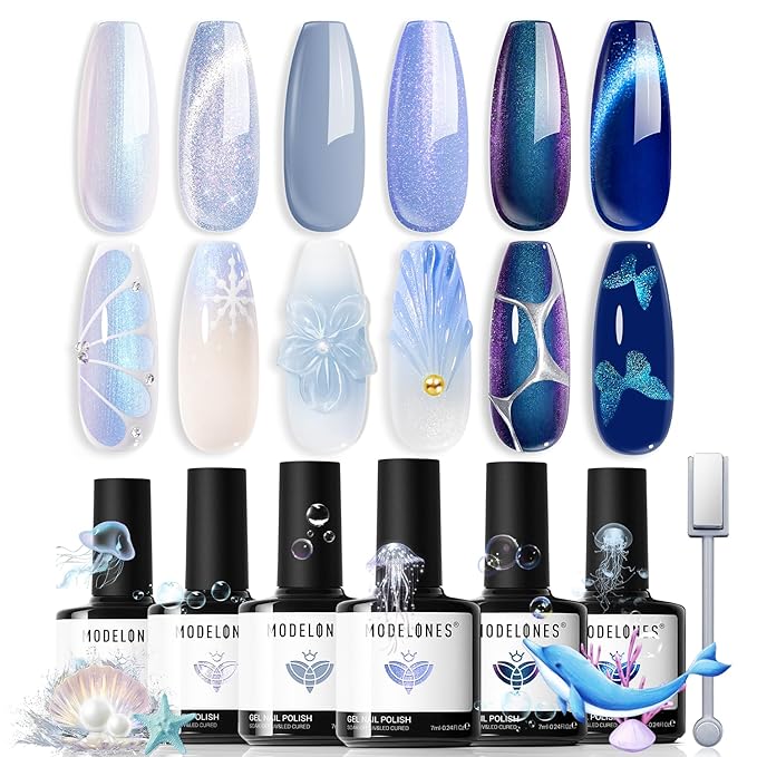 modelones Gel Nail Polish Set, 6 Colors Winter Icy Blue Collection Glitter Gel Polish Galaxy White Dark Blue 9D Cat Eye Nail Polish with Magnet Soak Off Led Nail Art Kit Salon DIY Gift