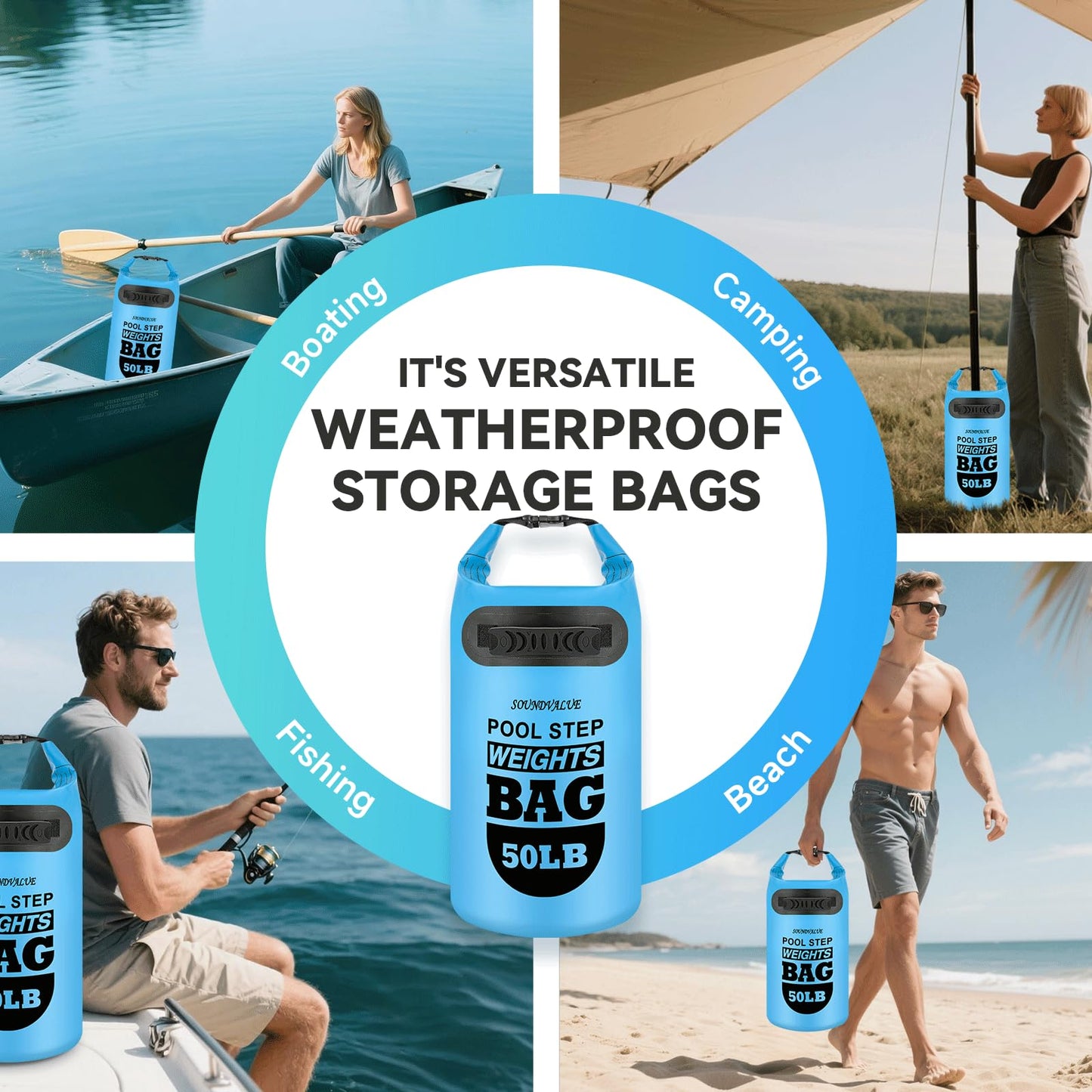 2 Pack 50lb Heavy Duty Pool Ladder Weights, Universal Above Ground Pool Step Sand Bags with Handles, 500D PVC Durable Waterproof & Foldable Sandbags for Swimming Pool Stairs (Sky Blue)