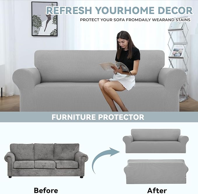 LURKA Stretch Sofa Slipcovers 1 Piece Couch Covers for 3 Cushion Couch Sofa Furniture Protector Full Sofa Covers with Elastic Bottom for Kids and Dog (Large, Sliver)