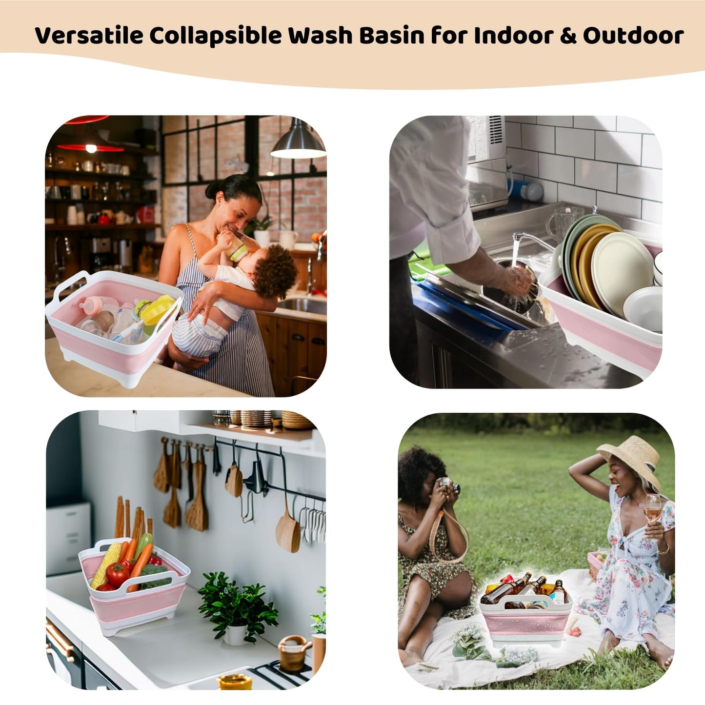 GIMWA Collapsible Wash Basin for Baby Bottles - 2.4 Gallons Portable Wash Bin for RV Camping Sink, Space-Saving Dish Tub (Pink)