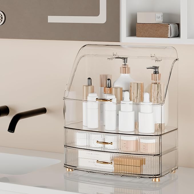 Makeup Organizer Countertop Vanity with Transparent Lid Drawers Waterproof Dustproof Cosmetic Skincare Bathroom Storage Gift for Women Teens Girls (Clear Whtie)
