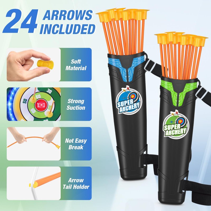 HYES 2 Pack Kids Bow and Arrow, LED Light Up Archery Set with 24 Suction Cup Arrows, Indoor Outdoor Sport Dinosaur Toys Gifts for 3 4 5 6 7 8 9 10 11 12 Year Old Boys Girls