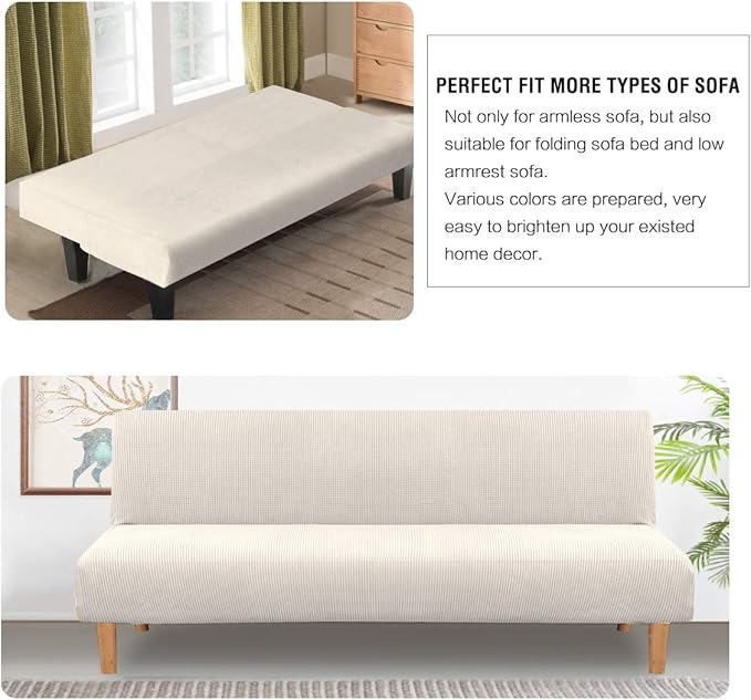 H.VERSAILTEX Armless Futon Cover Stretch Sofa Bed Slipcover Protector Elastic Feature Rich Textured High Spandex Small Checks Jacquard Fabric Futon Cover, Machine Washable, Ivory
