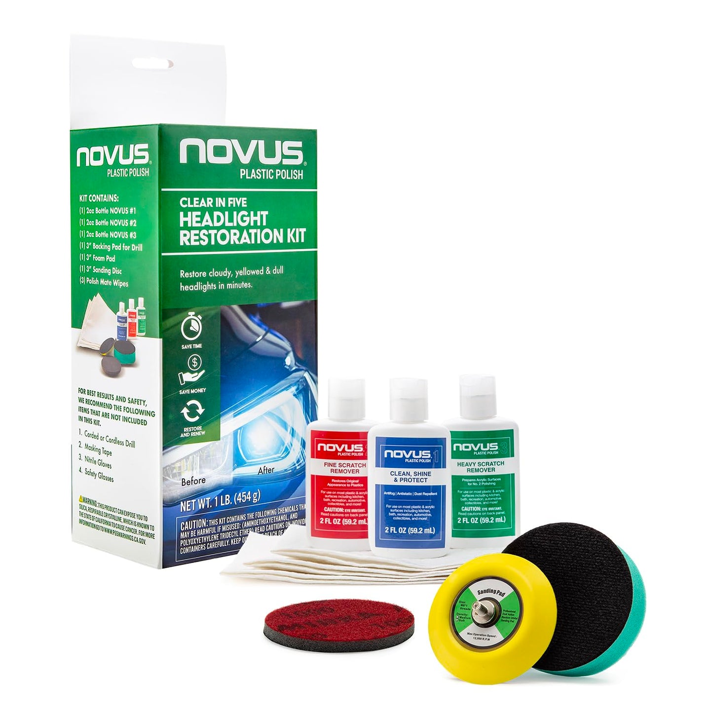 Novus Clear in Five Headlight Restoration Kit, 2 Ounce #1, 2, & 3 Bottles, Buffing Pad, Backing Pad Drill Attachment, 1,000 Grit Sanding Disk, 3 Polish Mates