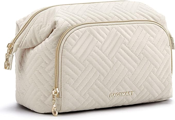 BAGSMART Travel Makeup Bag, Cosmetic Bag Small Make Up Organizer Case,Wide-open Pouch for Women Purse for Toiletries Accessories Brushes,Small Beige