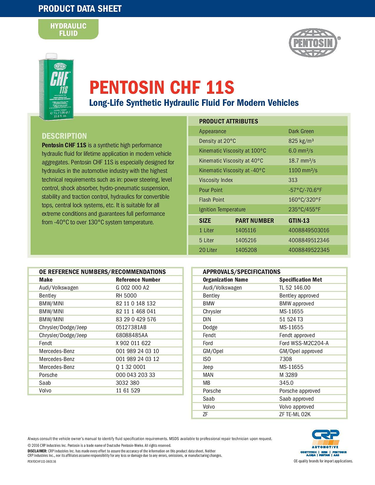 Pentosin 1405116 CHF 11S Long-Life Synthetic Hydraulic Fluid for Audi, Bentley, BMW, Chrysler, Dodge, Jeep, Mercedes-Benz, Mini, Porsche, Saab, Volkswagen, Volvo, and More; 1 Liter
